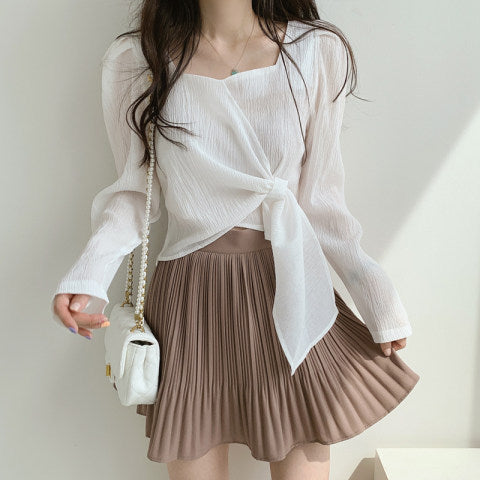 2025 Square Collar Bubble Sleeve Slim Fit Shirt with Straps - Elegant Spring & Autumn Top for Women