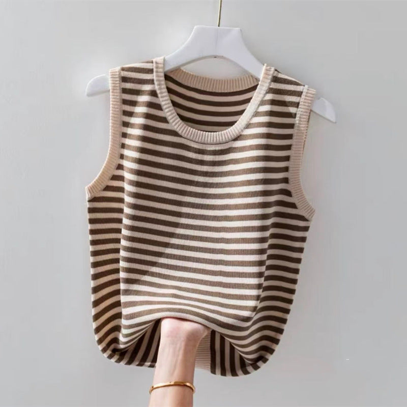 Women's Summer Striped Knitted Tank Top - Sleeveless Fashionable Bottoming Shirt Vest