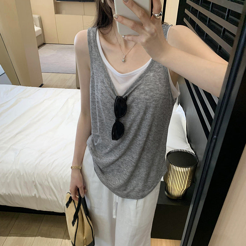 Women's Splicing Fake Two-Piece Sleeveless Sports Vest - Loose Fit Summer Slim Top