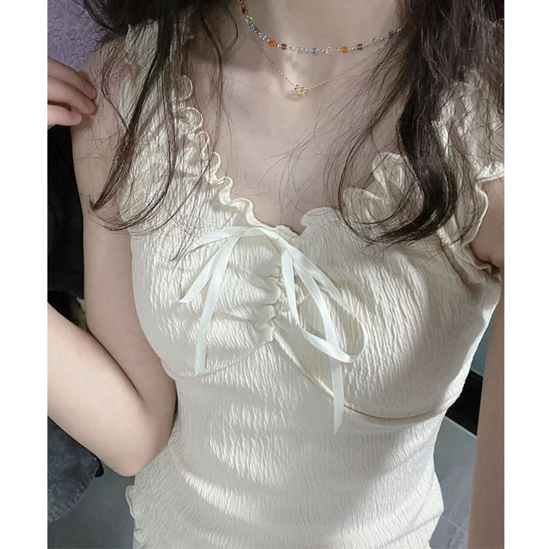 Sweet Hot Girl BM Style Sleeveless Camisole - Wooden Ear Trim & Bow Tie Detail