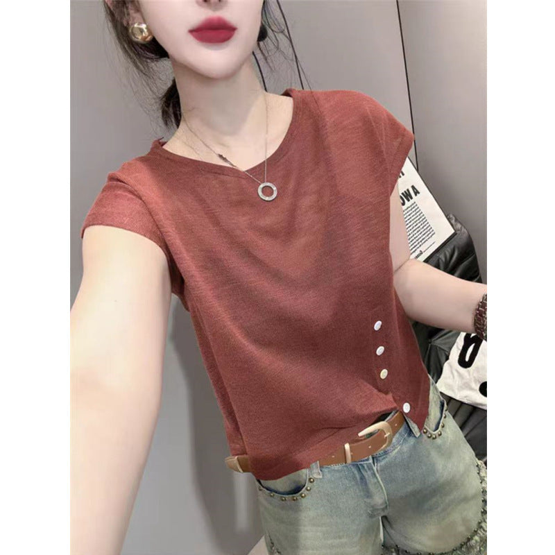 Summer Women's Knitted Short Sleeve Sweater - Loose Fit, Irregular Hem, Chic Round Neck Top