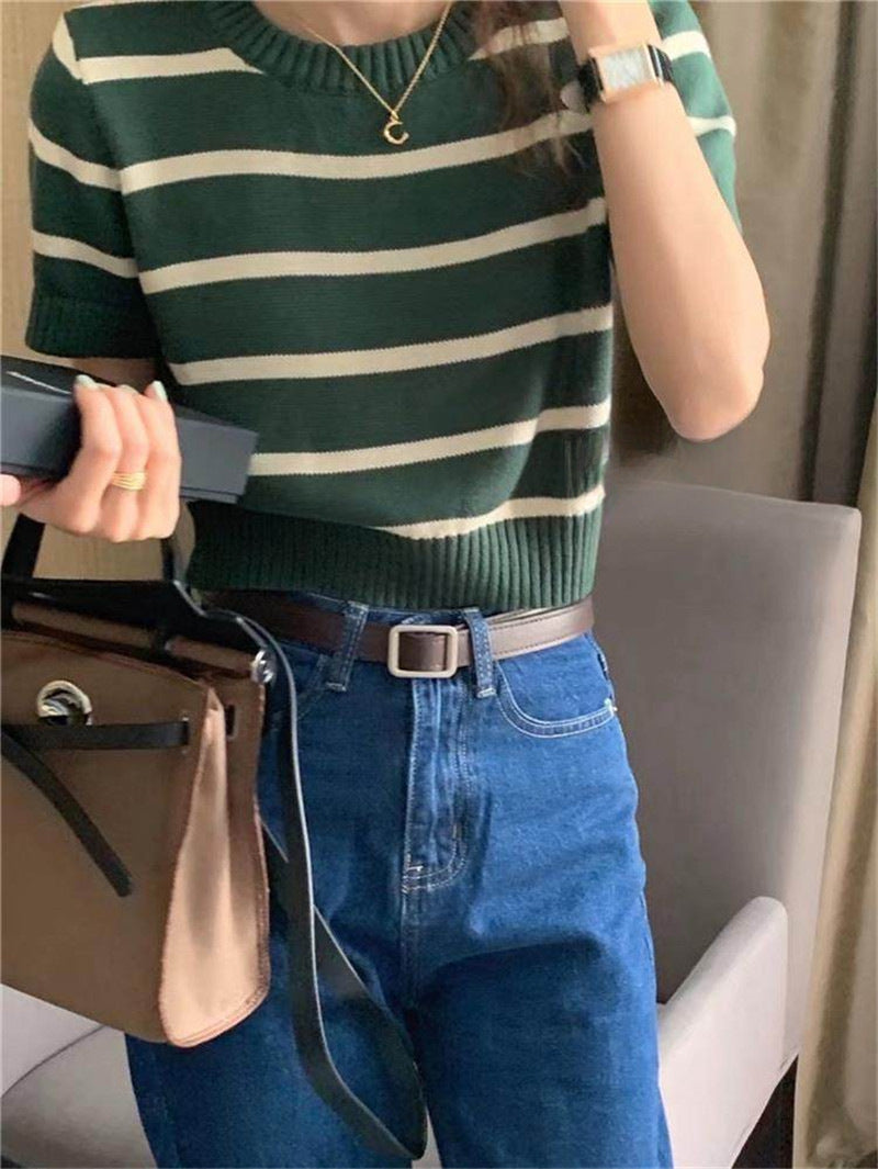 Short Striped Knitted T-Shirt for Women - New Summer Style