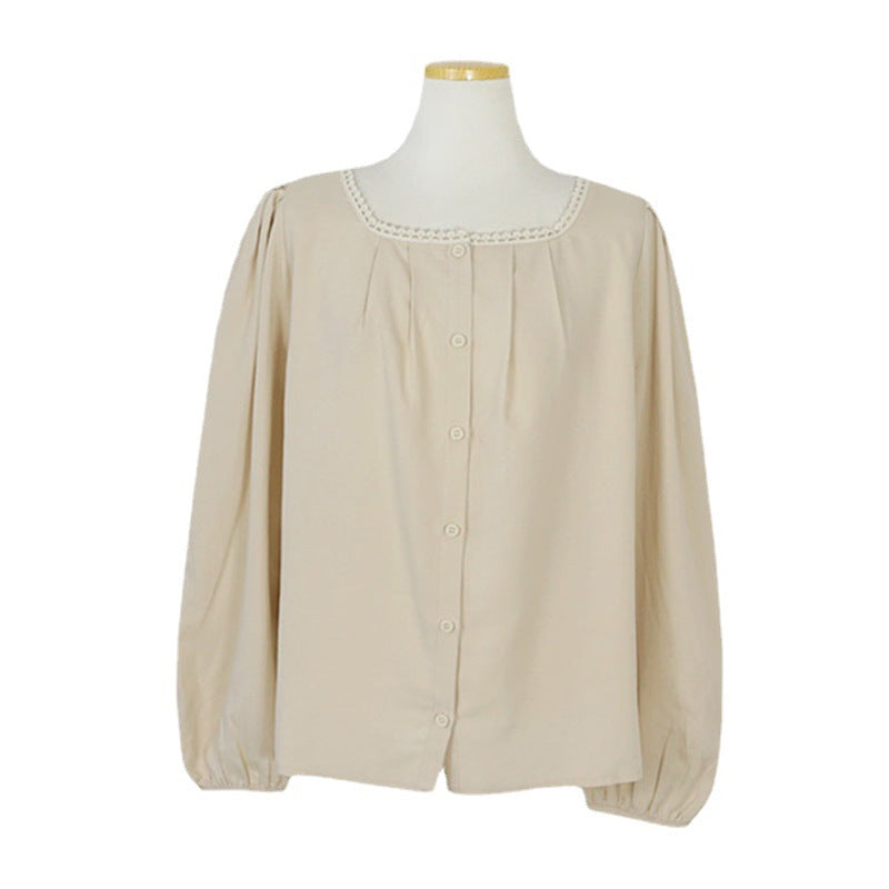 Lace-Stitched Slim Fit Long Sleeve Shirt - Elegant Round Neck Top for Spring & Autumn