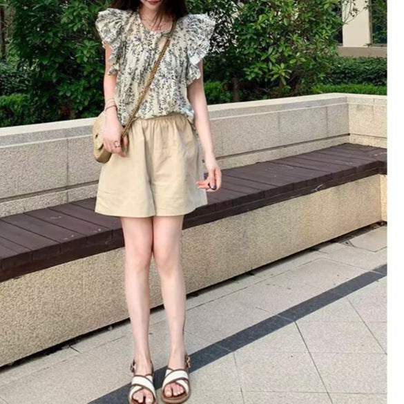 French floral short-sleeved shirt for women in summer with ruffled babydoll shirt, short-sleeved top