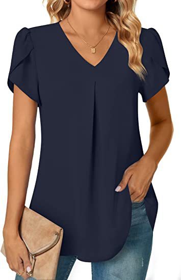 Women's Summer V-Neck Petal Sleeve Blouse - Lightweight Casual Shirt