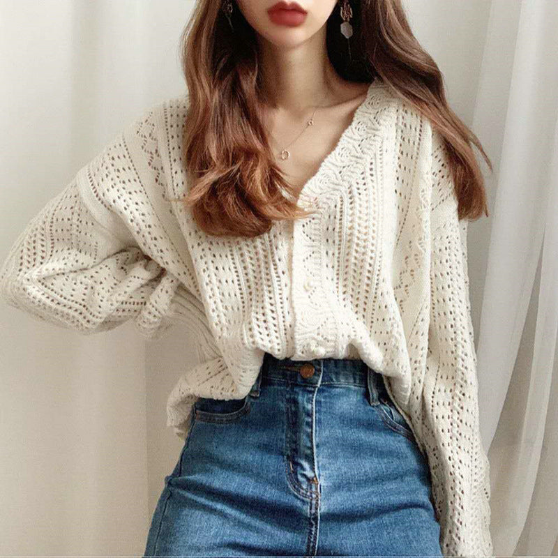 Spring and Autumn New Retro Hollow Lazy Style Wool Coat Hook Flower Sweater V-neck Knitted Cardigan for Women