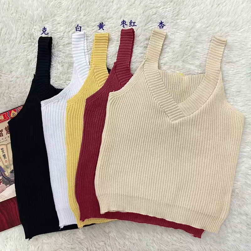 Women's Summer V-Neck Knitted Vest - Sweet Girl Style Solid Color Sleeveless Dopamine-Inspired Top