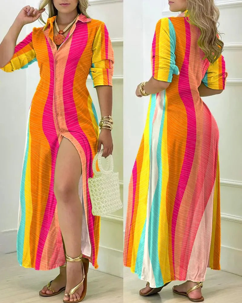 Summer Long Sleeve V-Neck Button Shirt Dress for Women – Casual & Elegant