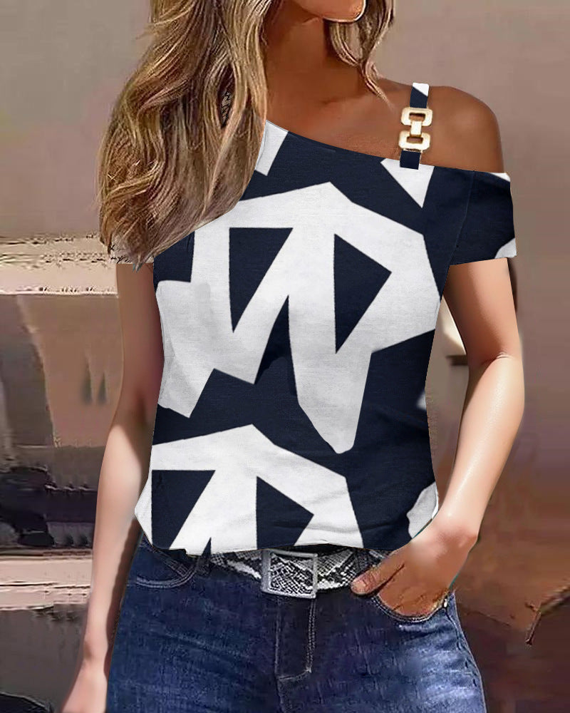 Women's Summer Simple Short Sleeve Printed T-Shirt - Metal Button Detail Casual Top