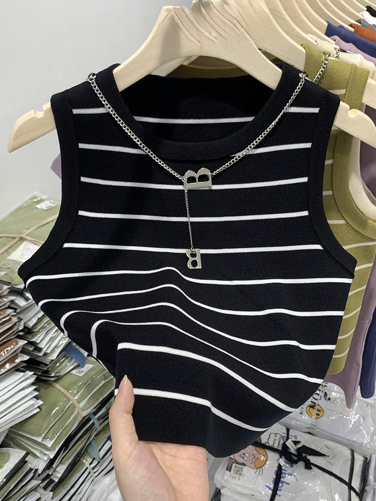 Summer Slim Fit Striped Crop Vest - High Waist Sleeveless Top for Women
