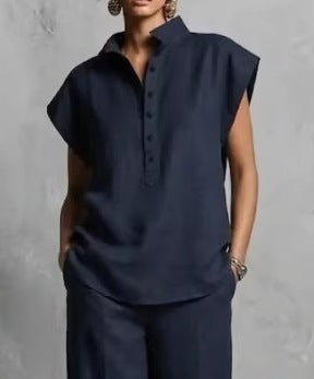 Women's Casual Short-Sleeve Cardigan & Long Pants Solid Color Lounge Set
