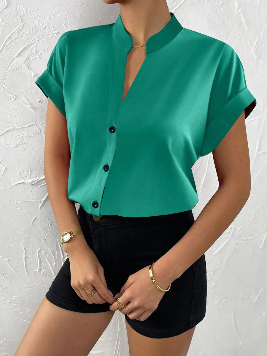 Women's Summer V-Neck Blouse - Lightweight Simple Short Sleeve Shirt for Everyday Wear