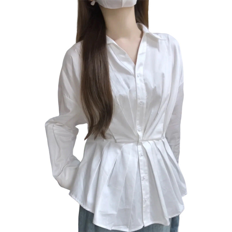 Women's White Long-Sleeved Shirt - New Slimming Design with Elegant Waist Detail