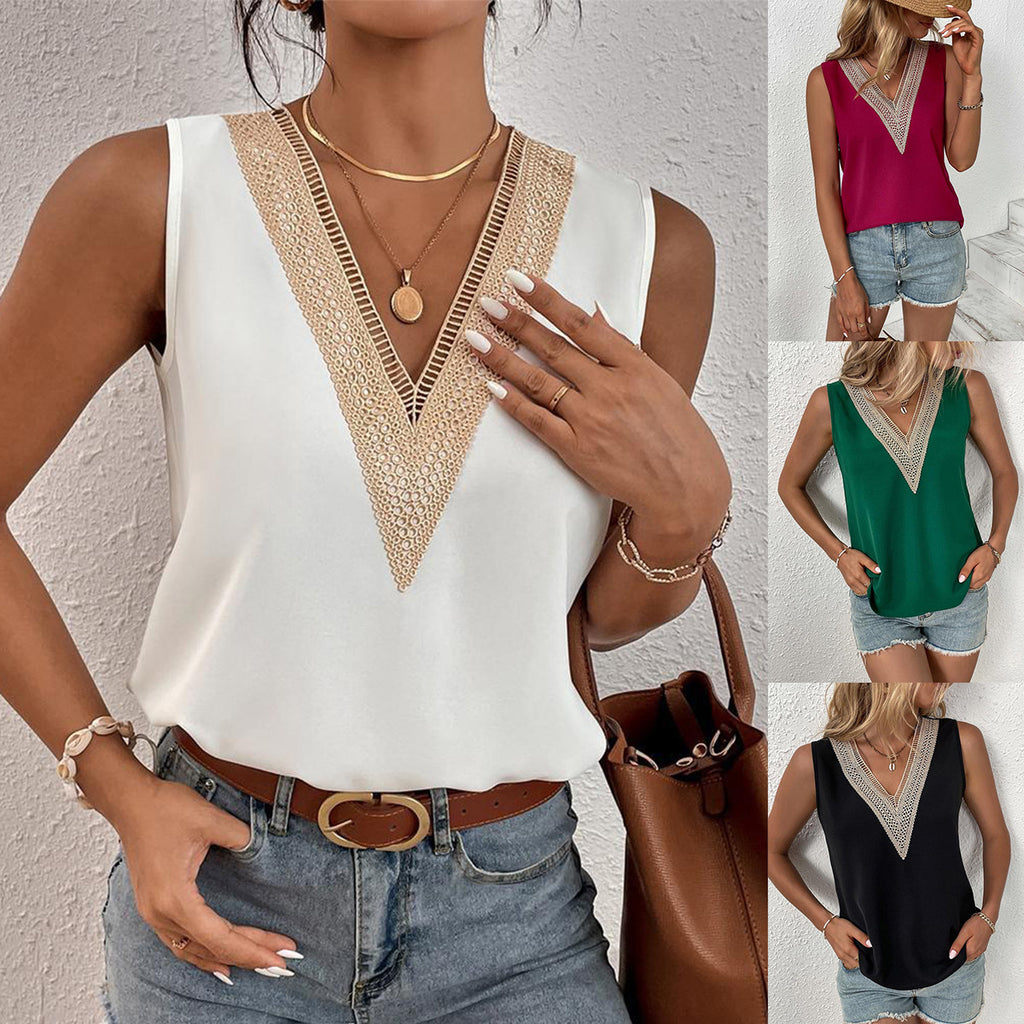 Women's V-Neck Lace Stitching Sleeveless Top - Solid Color Summer Vest Blouse