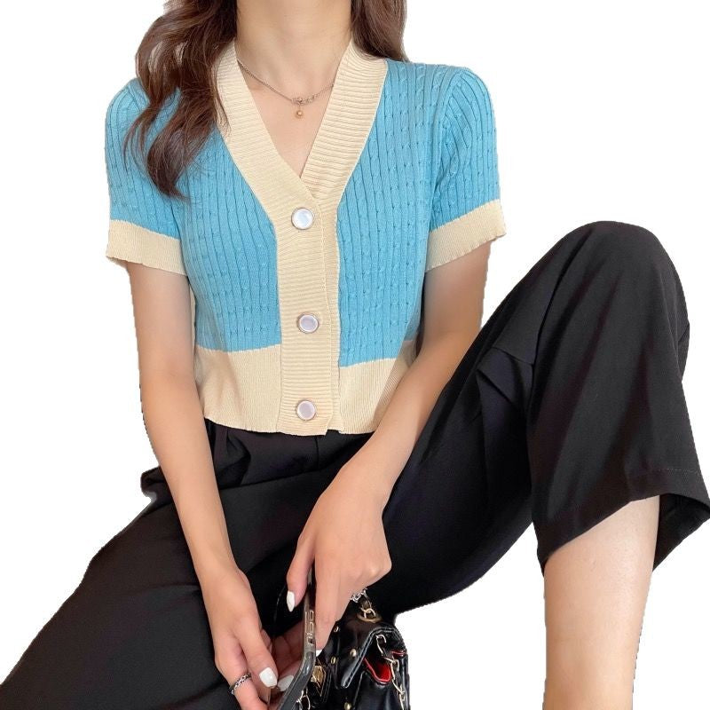 Chic Contrast V-Neck Knitted Cardigan - Short Sleeve Women's Top