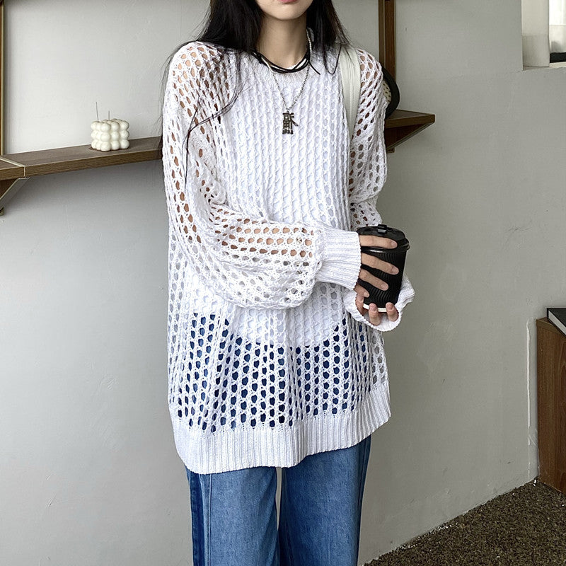 Women's Knitted Hollow Sun Protection Blouse - Lightweight, Loose-Fit, Chic Long-Sleeved Drape Top