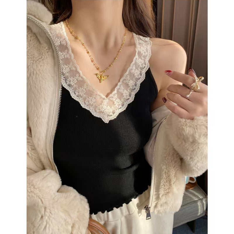 Women's Spring & Summer French Sweet Style Knitted Vest - V-Neck Lace Trim Slim Fit Sleeveless Top