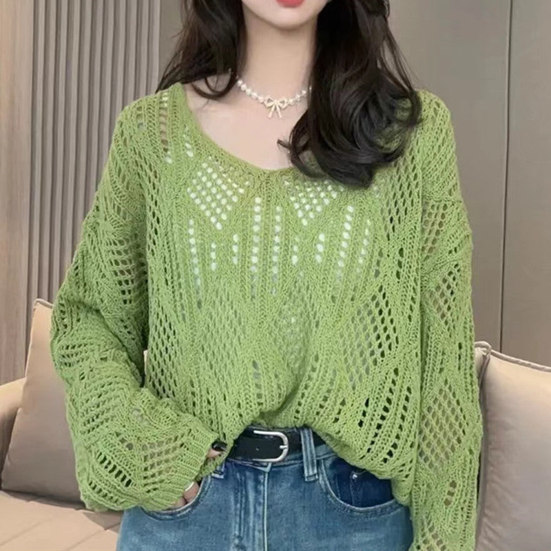 Women's Solid Color Diamond Pattern Blouse - Lightweight Lazy Style Sunscreen Layer for Spring, Summer
