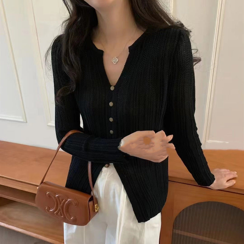 Lazy Style Simple And Versatile Long-Sleeved Knitted Sweater For Women Autumn Wear Temperament V-Neck Slim Fit Top