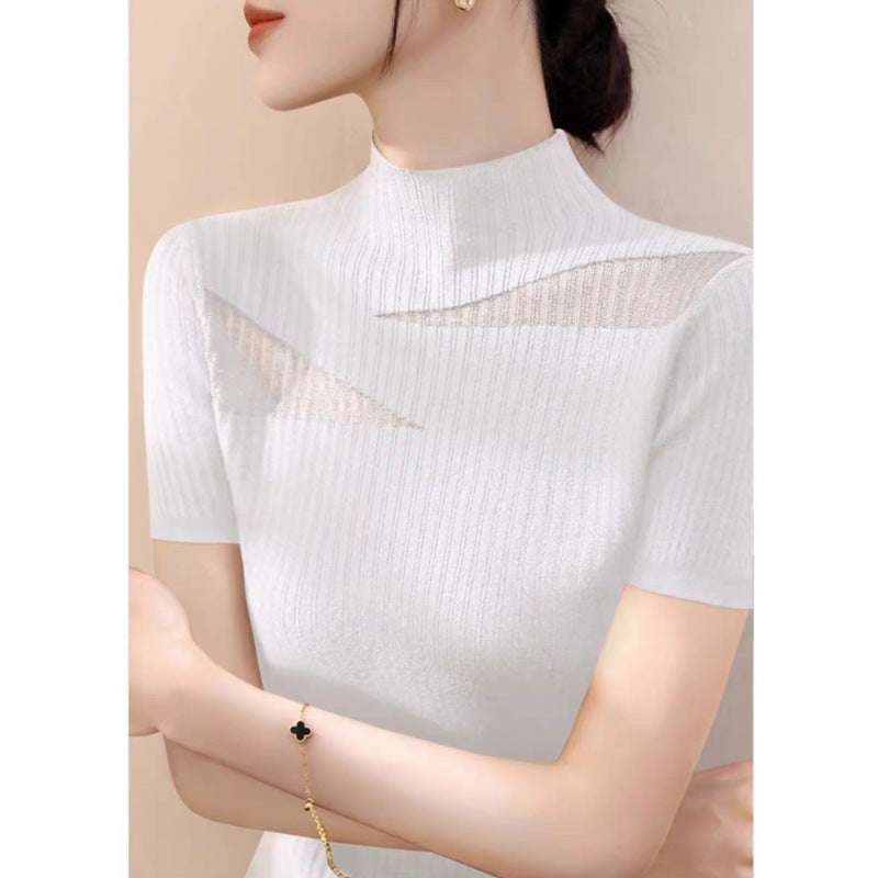 Summer New Style Temperament Half Turtleneck Hollow Mesh Striped Short-Sleeved Top for Women