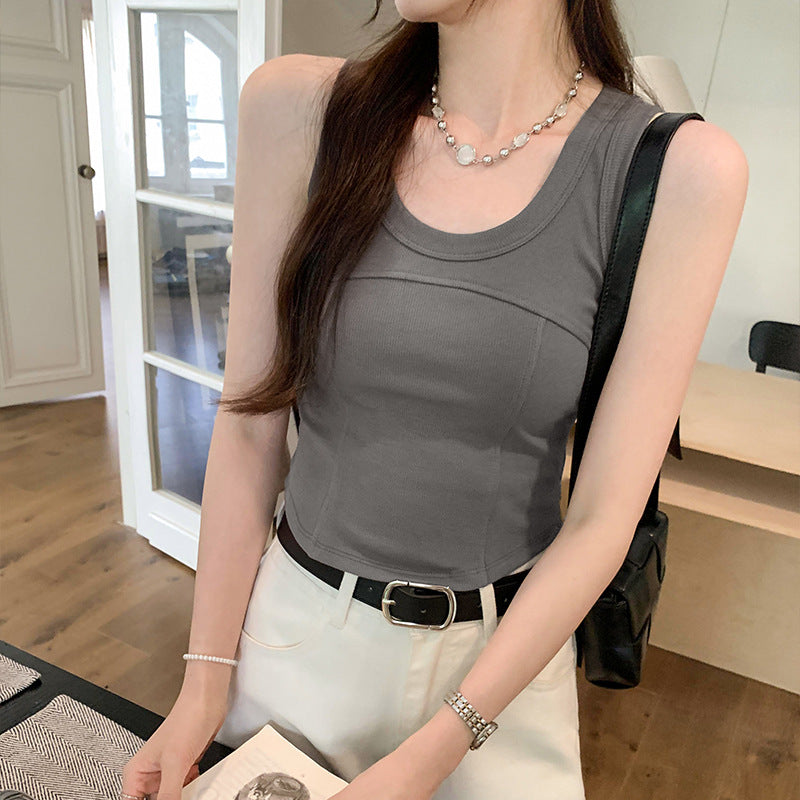 Women's U-Neck White Thread Sleeveless Sports Vest - Contour Line Summer Active Top