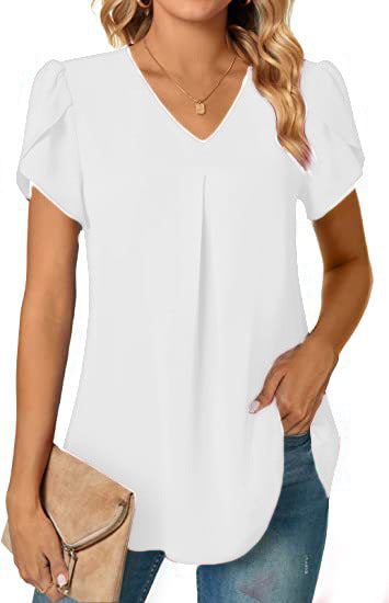 Women's Summer V-Neck Petal Sleeve Blouse - Lightweight Casual Shirt