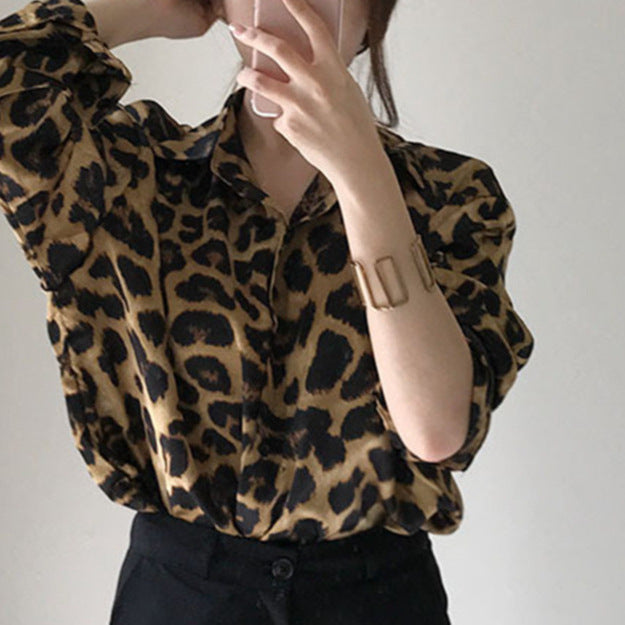 Leopard Print Shirt - Lapel, Loose Fit, Long-Sleeved All-Match Top for Women