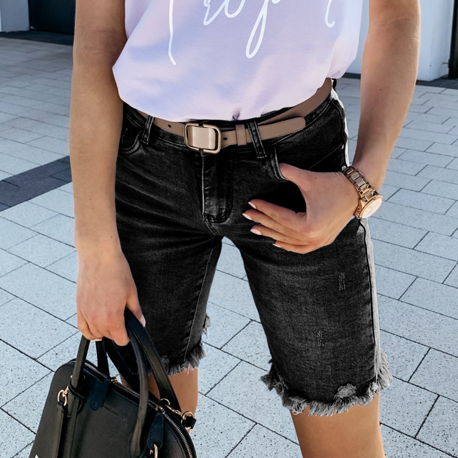 Women's Distressed Denim Shorts with Raw Edge & Tassel Hem - Trendy High-Waist Hole Jeans