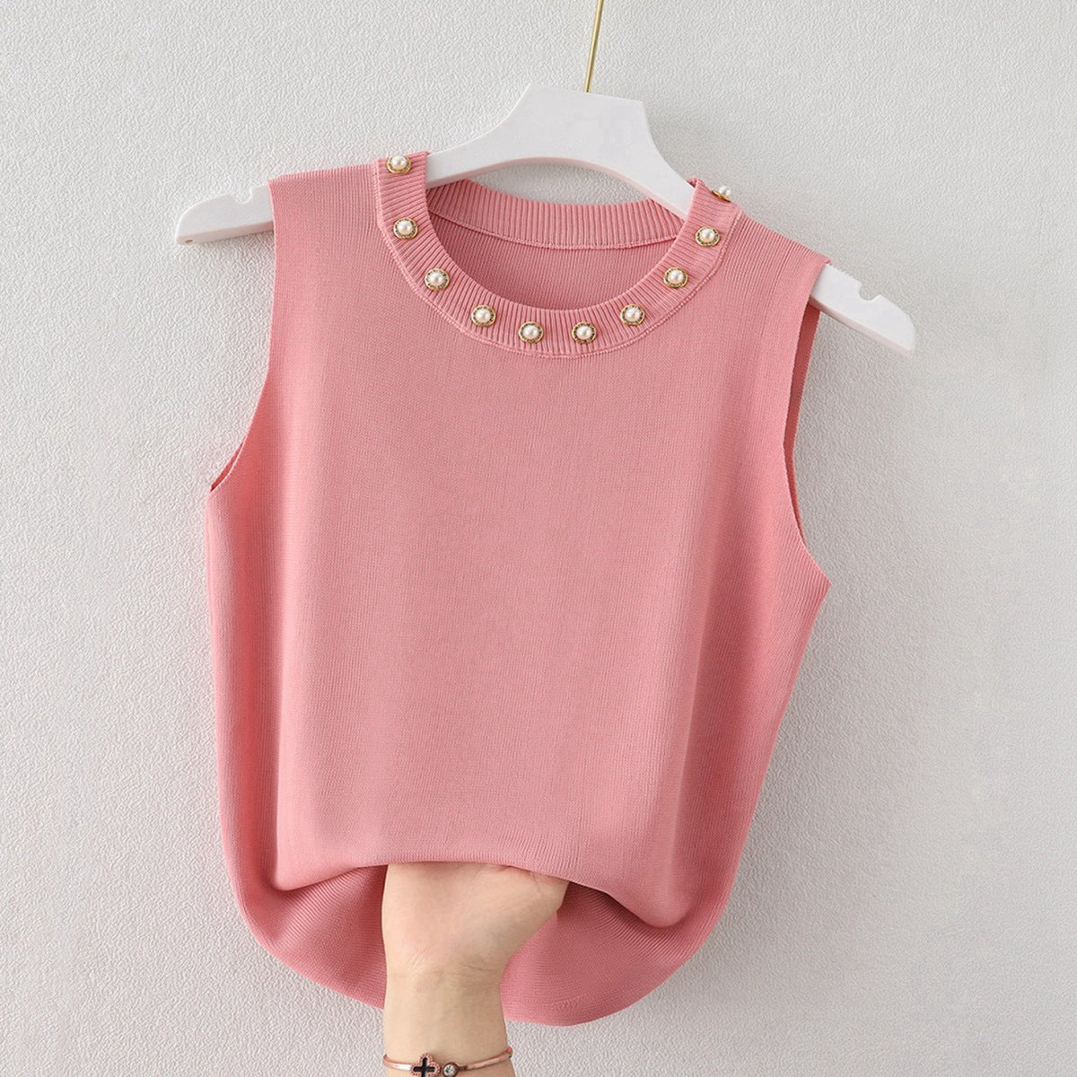 Women's Round Neck Camisole Top with Beaded White Knitted Sleeveless Sweater - Stylish Outerwear T-Shirt