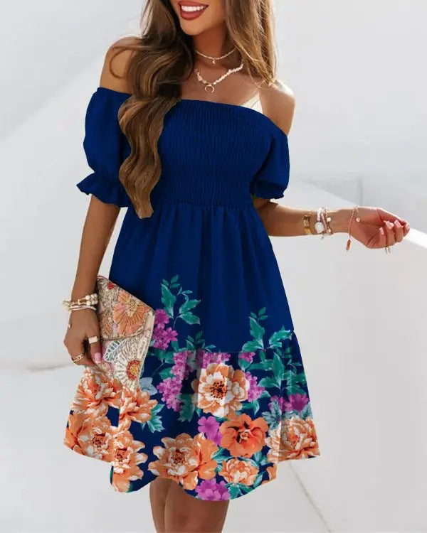 New Fashionable One-Shoulder Short-Sleeved Pleated Waist Print Dress – Fresh & Stylish