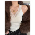 Women's Spring & Summer French Sweet Style Knitted Vest - V-Neck Lace Trim Slim Fit Sleeveless Top