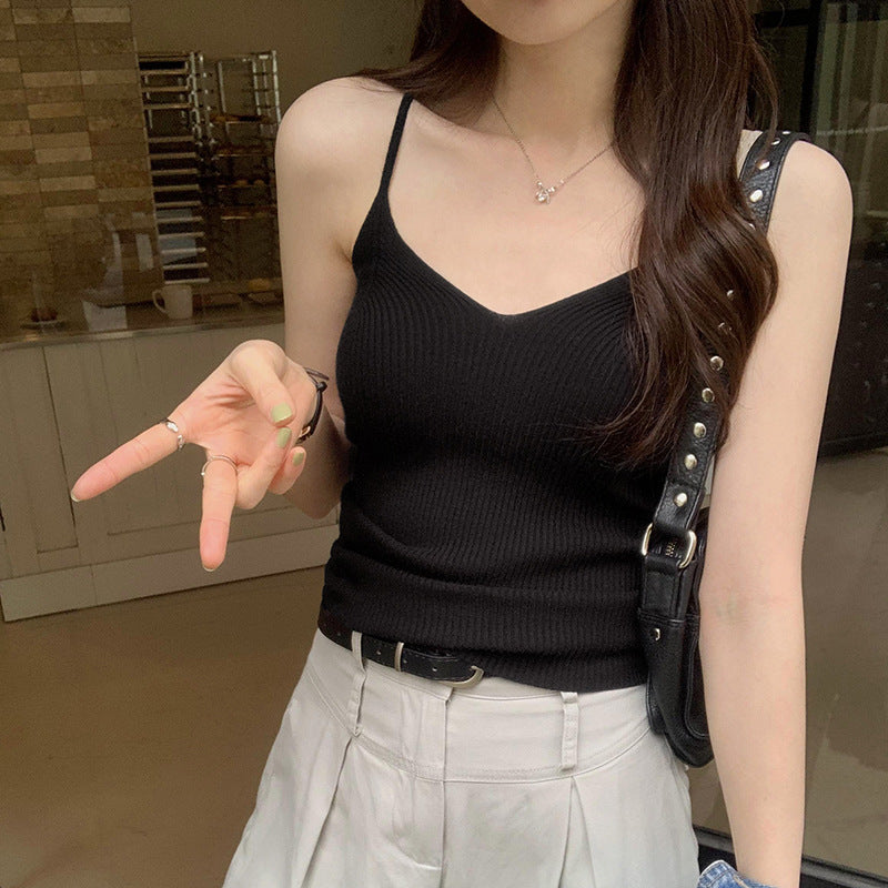 Women's Slim Elastic V-Neck Knitted Camisole Vest - Spring/Summer Innerwear
