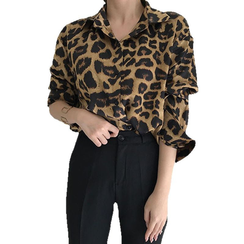 Leopard Print Shirt - Lapel, Loose Fit, Long-Sleeved All-Match Top for Women