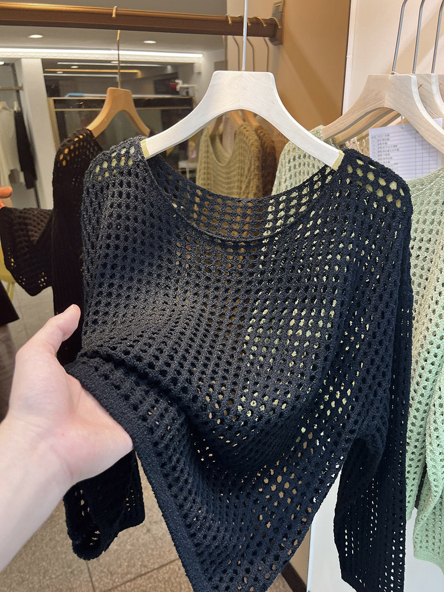 Women's Summer Long-Sleeve Hollow Knitted Mesh Shirt - Lightweight Sheer Sunscreen Blouse.