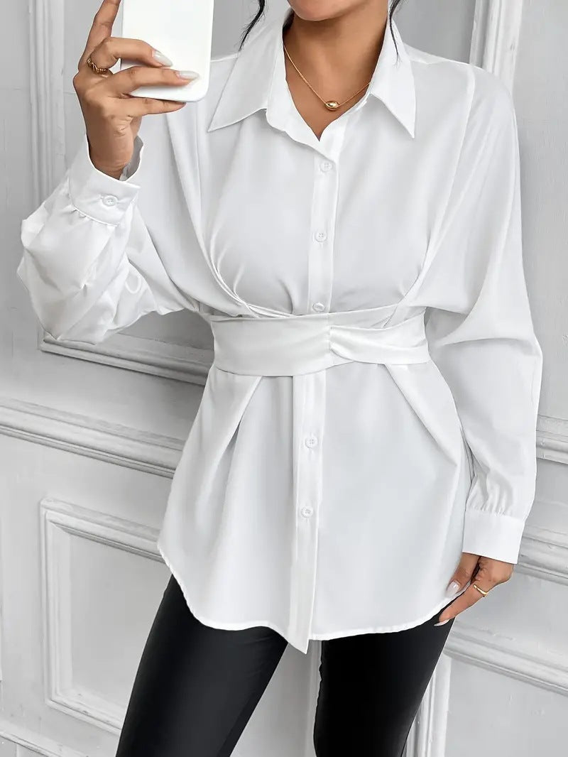 en's Autumn Lapel Tie Bow Waist Slim Fit Shirt
