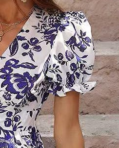 Women's Printed V-Neck Puff Sleeve Dress