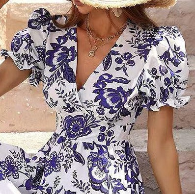 Women's Printed V-Neck Puff Sleeve Dress