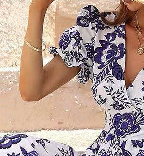 Women's Printed V-Neck Puff Sleeve Dress
