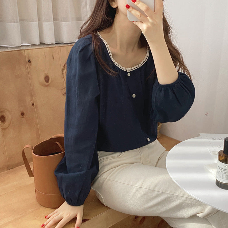 Lace-Stitched Slim Fit Long Sleeve Shirt - Elegant Round Neck Top for Spring & Autumn