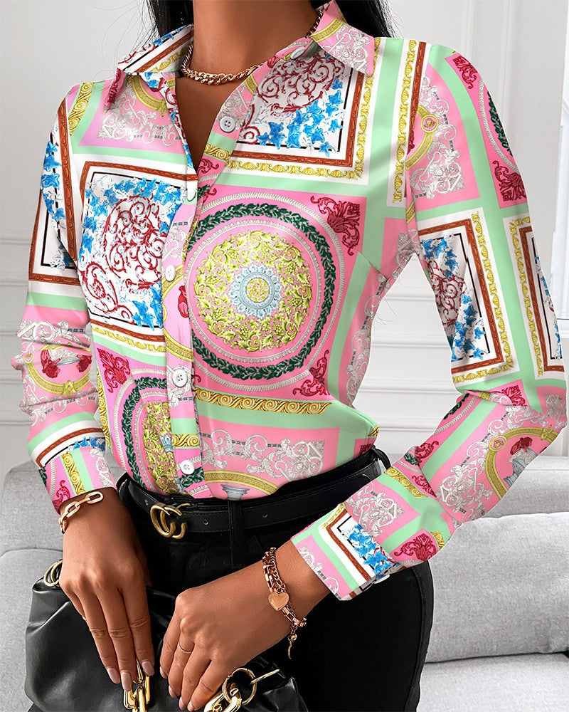 Women's Autumn Printed V-Neck Shirt - Loose Fit Long Sleeve Button-Down Blouse