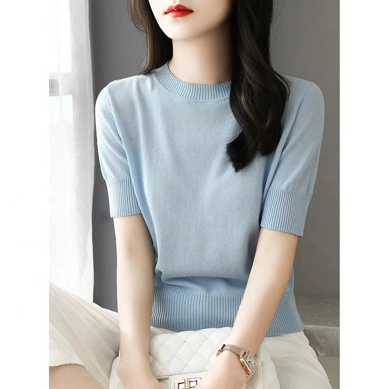 Women's Summer Knitted T-Shirt - Short Sleeve Slim Fit Top with Half-High Collar