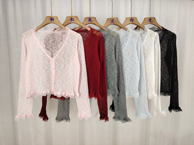 Summer Sweetheart Vibes - Lace-Edged V-Neck Sun Protection Cardigan