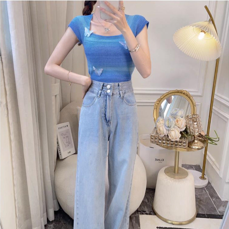 Sweet French Pure Desire Knitted T-Shirt Women's Short Sleeve 2025 Summer New Temperament Top