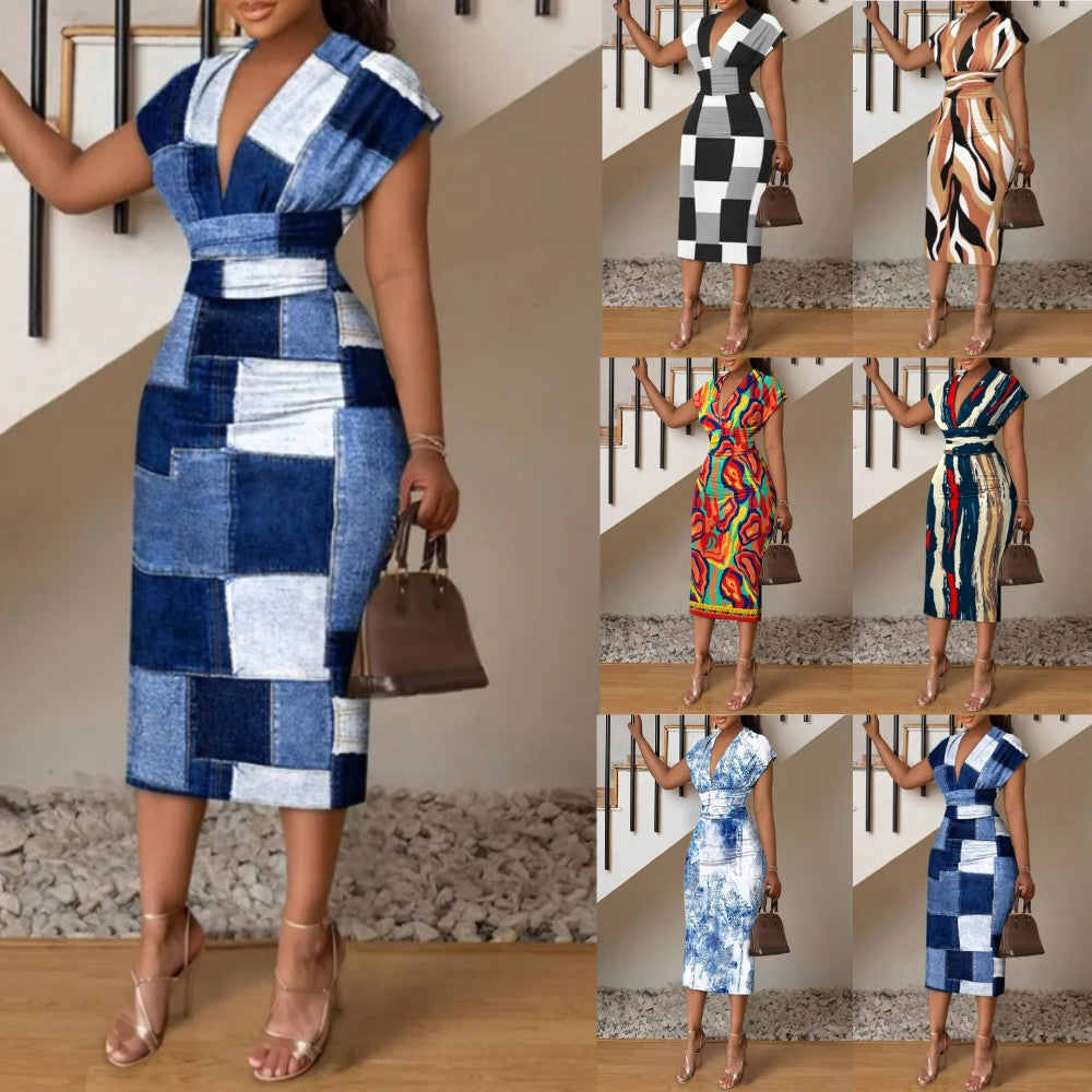 Spring & Summer V-Neck Printed Bodycon Dress – Women's Casual Chic Style