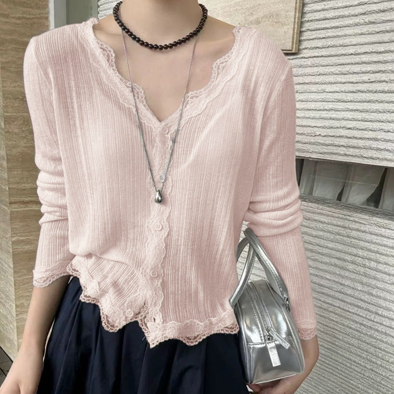 Summer Sweetheart Vibes - Lace-Edged V-Neck Sun Protection Cardigan