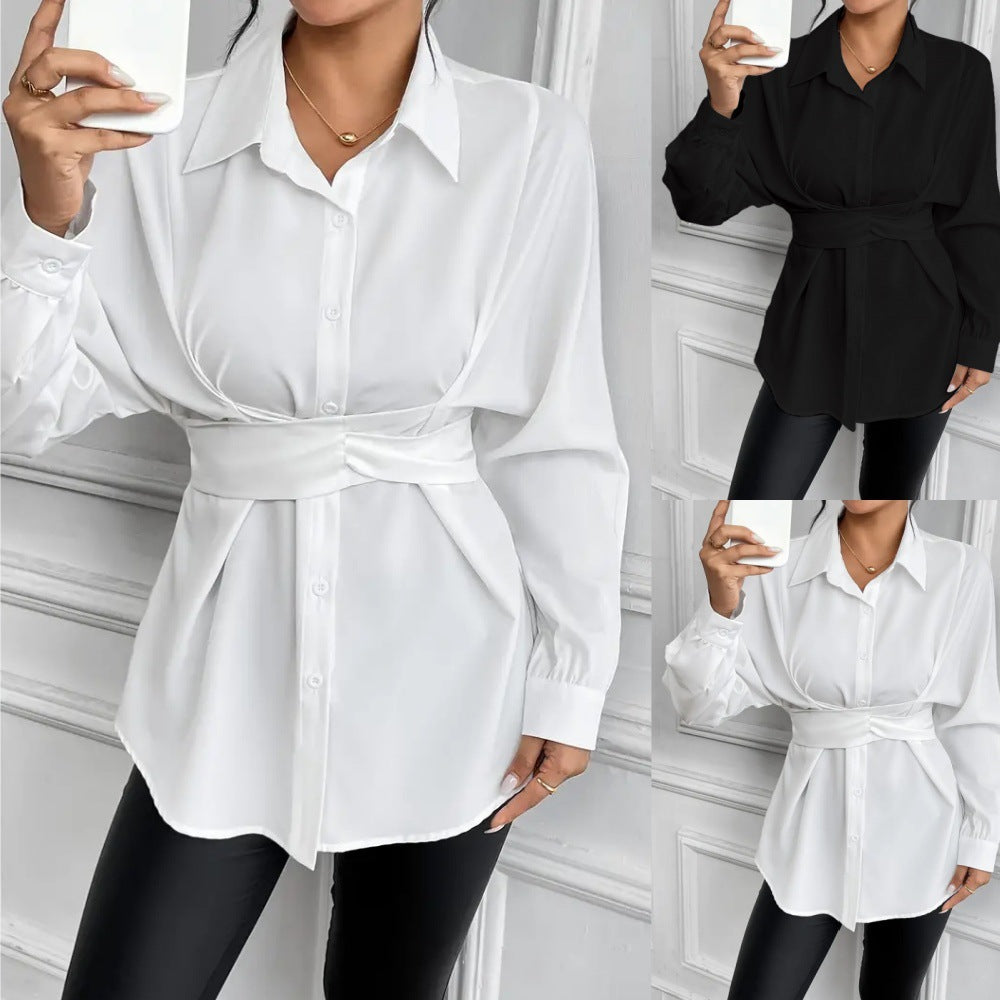en's Autumn Lapel Tie Bow Waist Slim Fit Shirt
