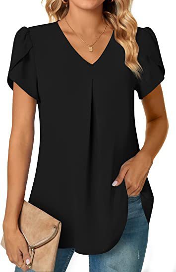 Women's Summer V-Neck Petal Sleeve Blouse - Lightweight Casual Shirt