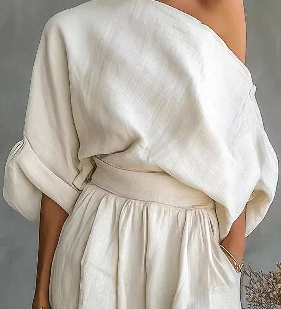 Solid Color Off-Shoulder T-Shirt with Pockets Casual Loose Two-Piece Set