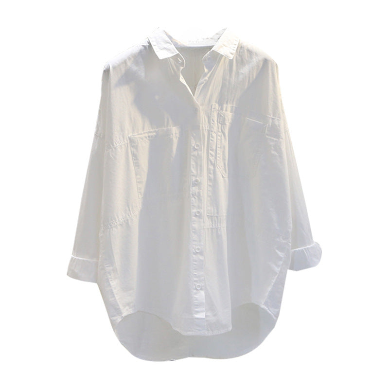 Women's White High-Low Shirt with Double Pockets - Effortless Edge Meets Everyday Chic