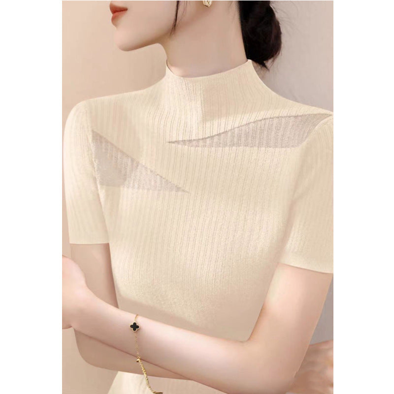 Summer New Style Temperament Half Turtleneck Hollow Mesh Striped Short-Sleeved Top for Women